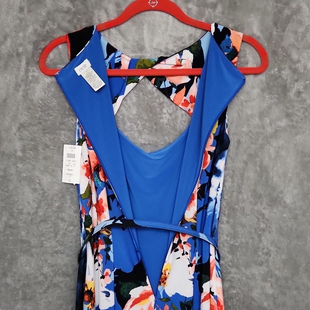 Cache NWT Blue Floral Belted Sheath Midi Dress Keyhole Back Size Medium - Picture 8 of 12